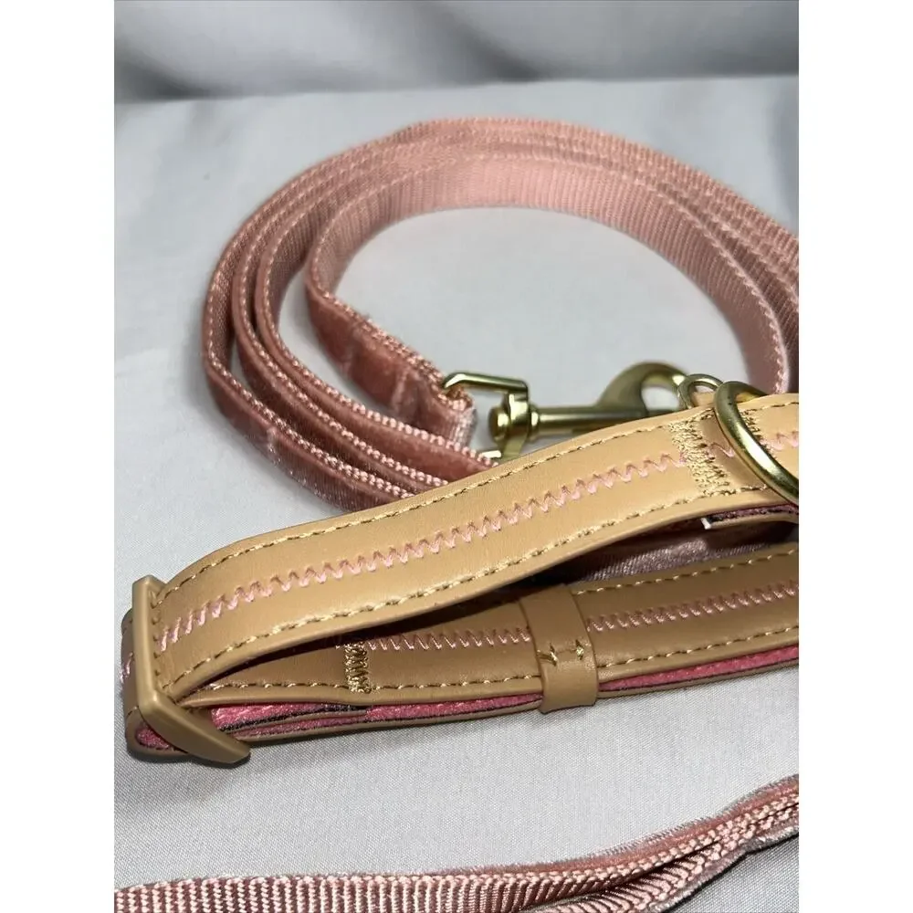 Medium 14-18” Brown/Pink Dog Collar 3/4” and 6’ Velvet Leash 1/2” Wide